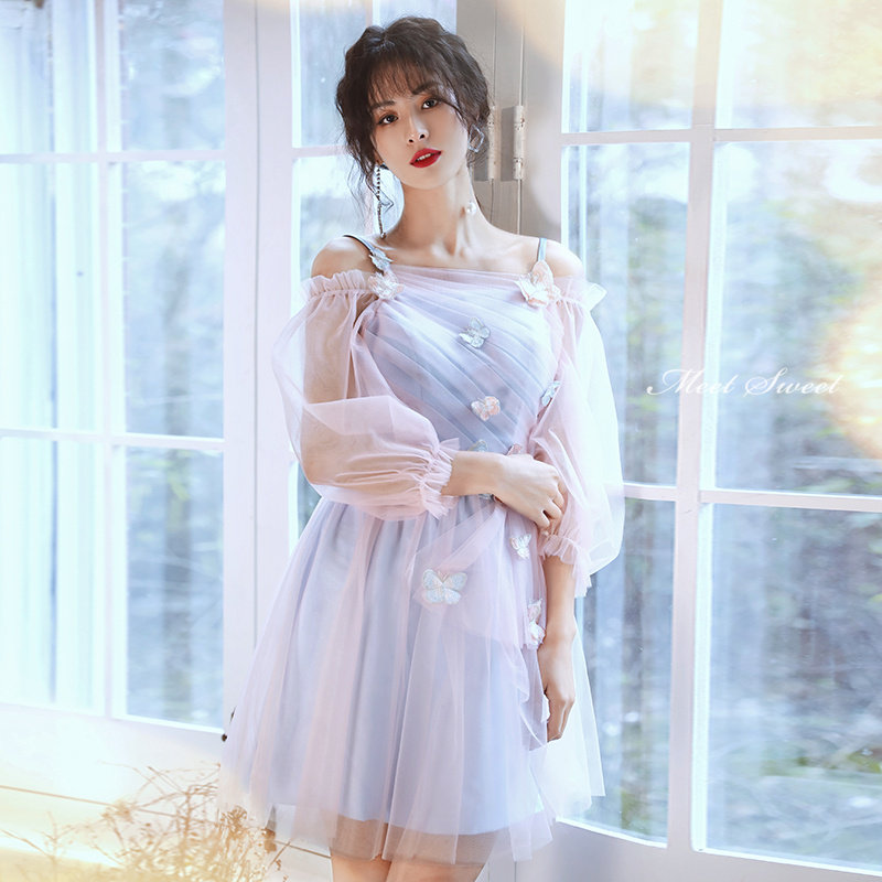 カラードレス ファスナー パーティードレス フォーマル ミニドレス ピンク ブルー 青 長袖 蝶 バタフライ 結婚式 二次会 披露宴 発表会 演奏会 ステージドレス ゲストドレス ウェディングドレス カクテルドレス ブライダル ウエディングドレス 舞台 演出 ワンピース|ミートスウィート
