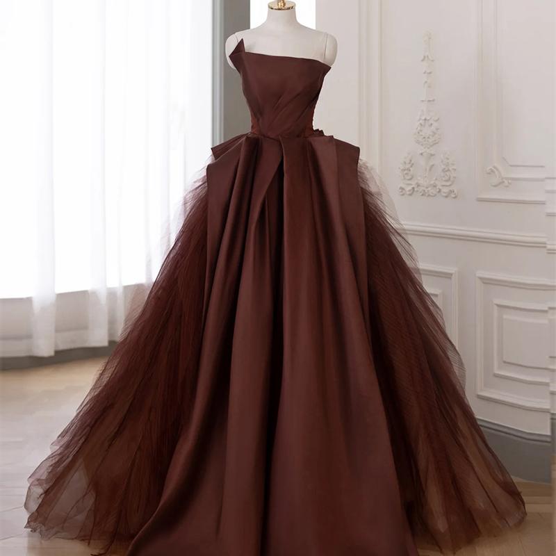 楽天市場】カラードレス 編み上げ ブラウン 半袖 サテン ロングドレス