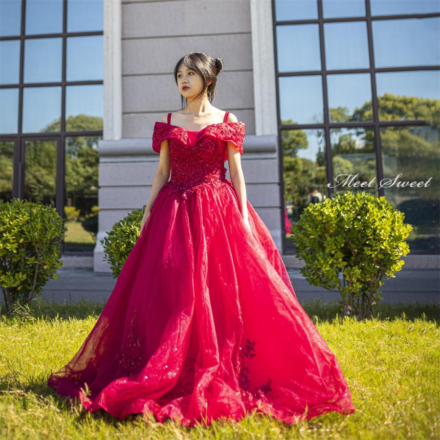 楽天市場】カラードレス 2way 編み上げ 付け袖 花柄 赤 ステージ