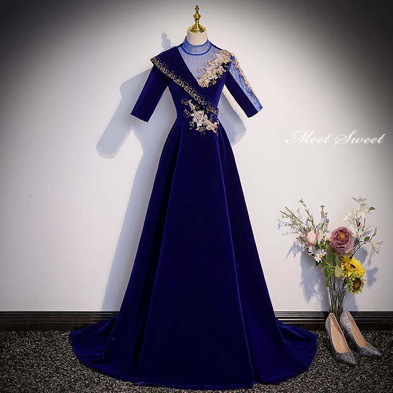 カラードレス 編み上げ ロイヤルブルー ベルベット 青 ステージドレス ロングドレス 結婚式 二次会 発表会 演奏会 ウェディングドレス コンサート Aラインドレス イブニングドレス ウエディングドレス 袖付き パーティードレス ブライダル 花嫁 披露宴 大人 ハイネック