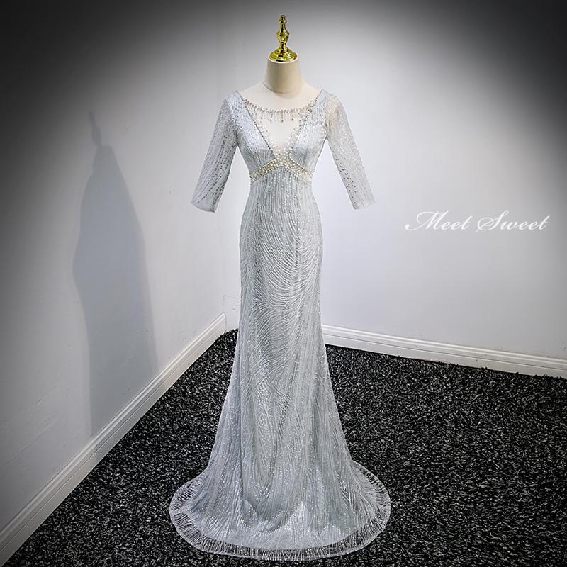カラードレス 編み上げ シルバー 袖付き ステージドレス ロングドレス 結婚式 二次会 発表会 演奏会 ウェディングドレス ウエディングドレス マーメイドドレス イブニングドレス コンサート 前撮り パーティードレス ブライダル 花嫁 披露宴 マーメイドラインドレス