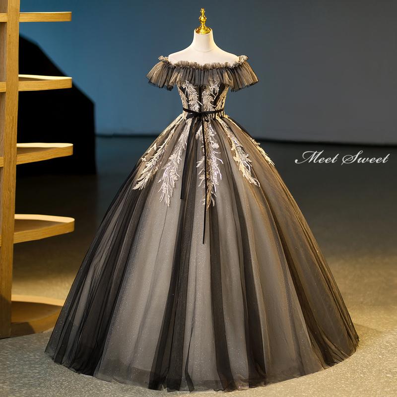 楽天市場】カラードレス 編み上げ ブラック オフショルダー ロング