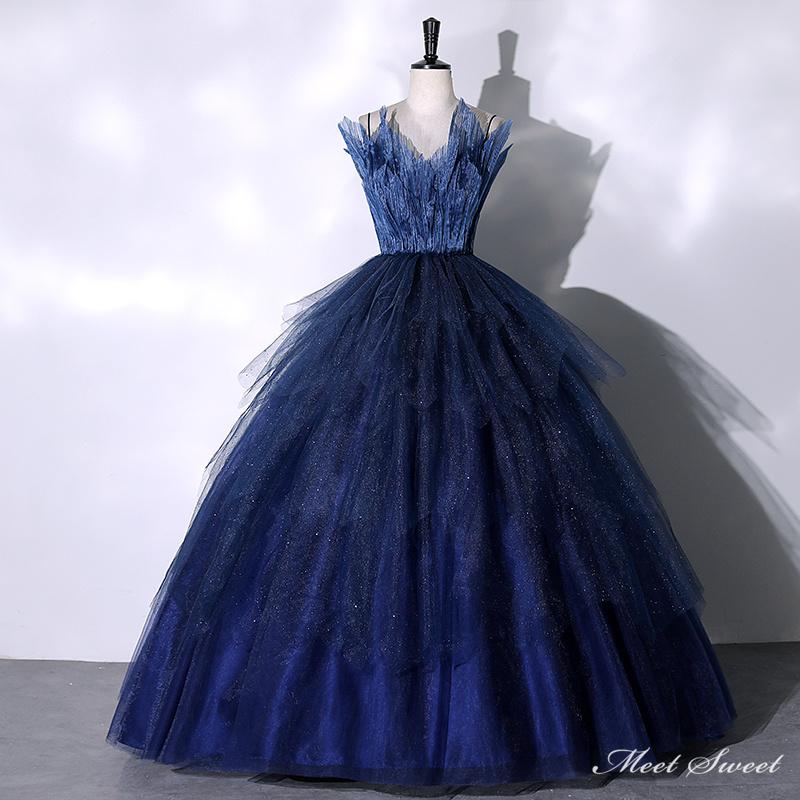 楽天市場】カラードレス 編み上げ ネイビー 袖なし 青 ロングドレス