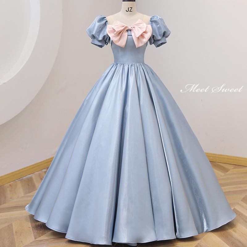 カラードレス かわいい ブルー リボン 半袖 ロングドレス 結婚式 二次会 発表会 演奏会 ウェディングドレス ウエディングドレス 花嫁 前撮り プリンセスドレス イブニングドレス コンサート パーティードレス ブライダル 披露宴 成人式 卒業式 プリンセスラインドレス 15,407円