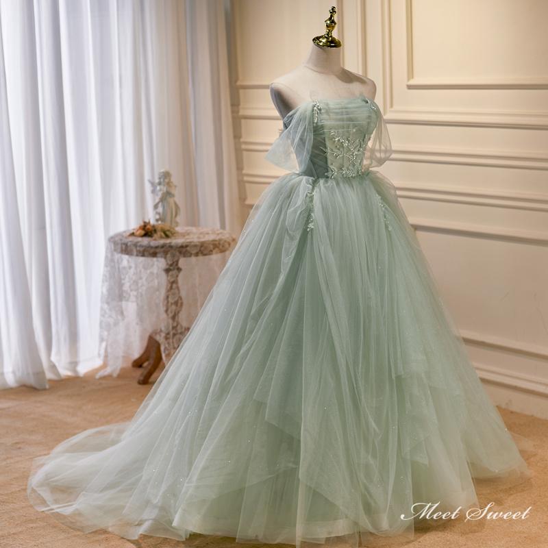 楽天市場】カラードレス 編み上げ グリーン チュール 緑 ロングドレス