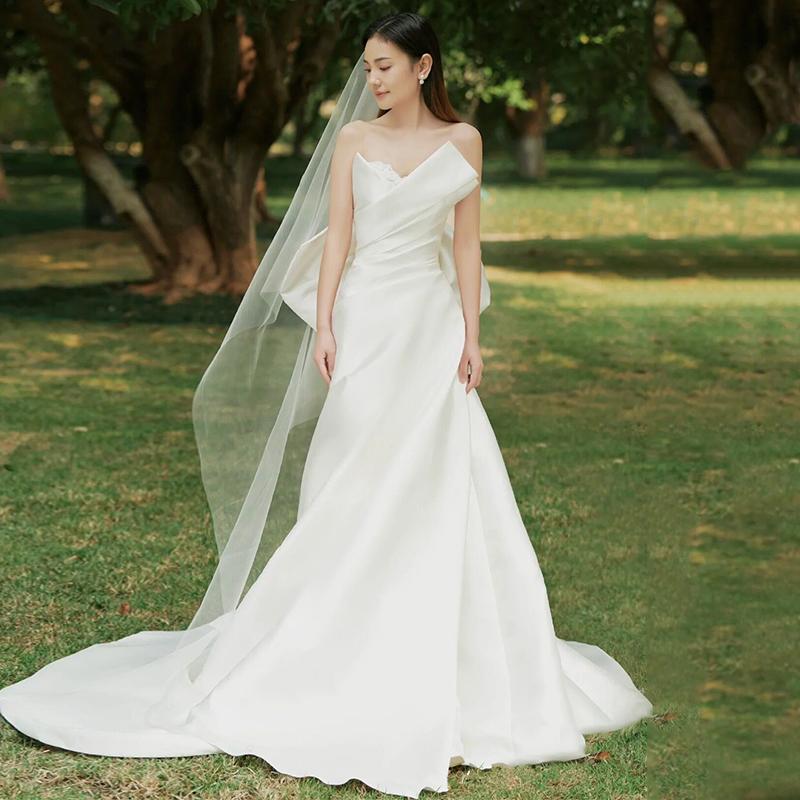 ウェディングドレス ウエディングドレス 二次会 結婚式 前撮り ブライダル ロングドレス 花嫁 スレンダードレス スレンダーライン 白 サテン ビスチェ ベアトップ 海外挙式 フォトウェディング オフホワイト wedding dress マーメイドドレス 小さいサイズ 大きいサイズ｜ミートスウィート