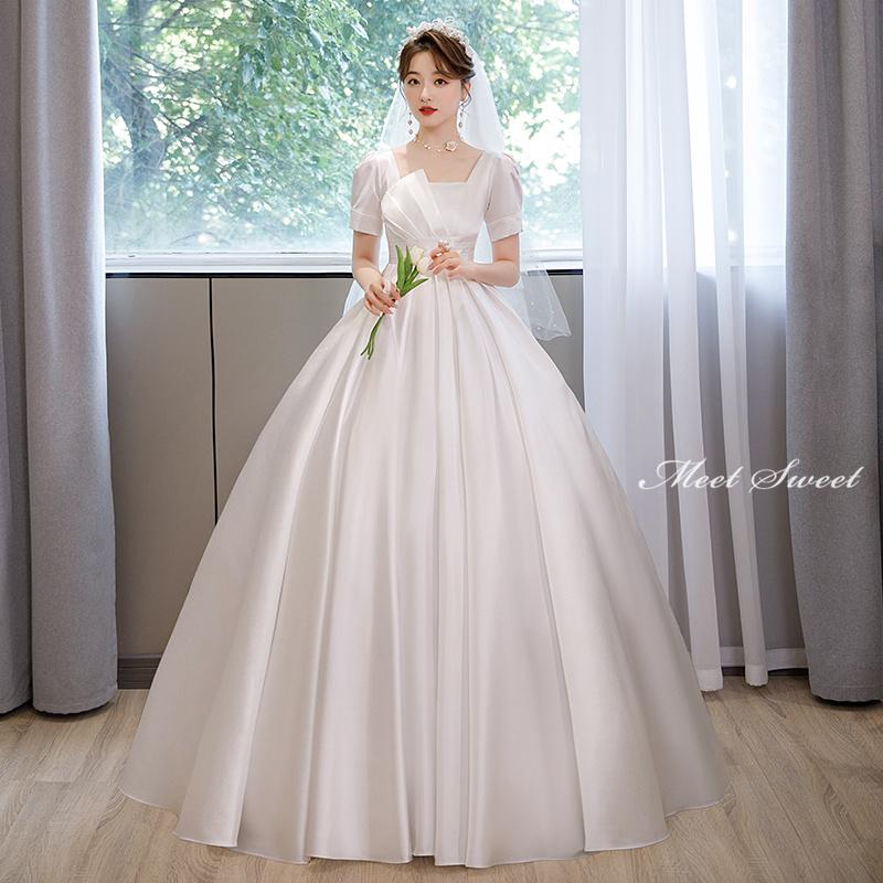 ウェディングドレス ウエディングドレス マタニティドレス 二次会 結婚式 プリンセスドレス ブライダル ロングドレス 花嫁 エンパイアドレス 半袖 ハイウエスト 海外挙式 ブライダル 前撮り オフホワイト wedding dress エンパイアライン 大きいサイズ セミオーダー｜ミートスウィート