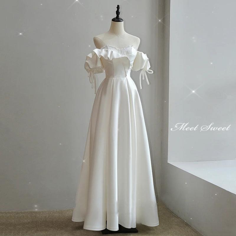 ウェディングドレス ウエディングドレス 二次会 結婚式 前撮り ブライダル ロングドレス 花嫁 スレンダードレス スレンダーラインドレス 袖付き オフショルダー 海外挙式 フォトウェディング オフホワイト wedding dress 半袖 リボン 白 小さいサイズ 大きいサイズ|ミートスウィート