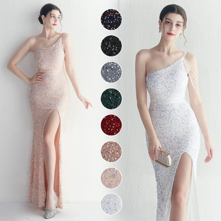 カラードレス マーメイドドレス パーティードレス イブニングドレス ワンショルダー ウェディングドレス ウエディングドレス 結婚式 二次会 花嫁 前撮り 発表会 スパンコール ファスナー フォーマルドレス ブラック ワインレッド グリーン ゴールド グレー ピンク ホワイト｜ミートスウィート