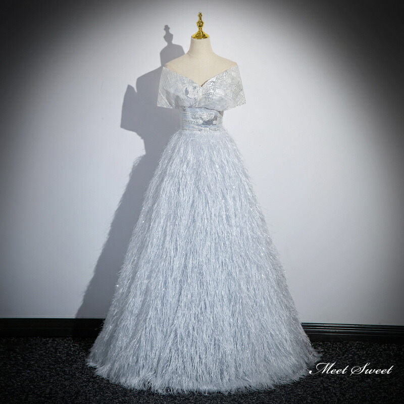 カラードレス ロングドレス パーティードレス グレー フェザー風 ウェディングドレス ウエディングドレス 上品 結婚式 二次会 花嫁 前撮り 演奏会 発表会 カクテルドレス ブライダル フォーマルドレス オフショルダー コンサート イブニングドレス ステージドレス