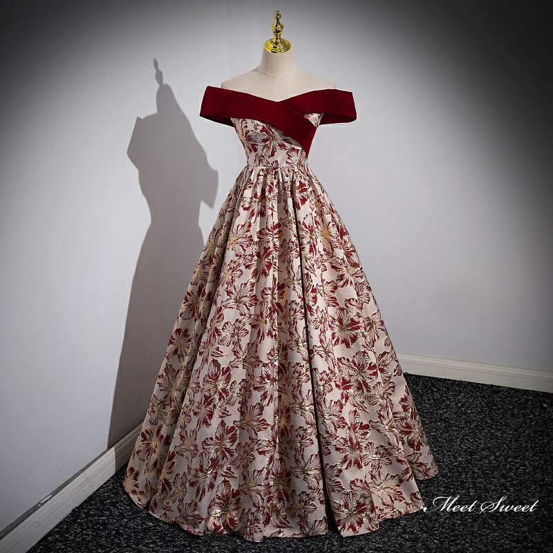 カラードレス ロングドレス パーティードレス レッド 花柄 オフショルダー ウェディングドレス ウエディングドレス 結婚式 二次会 花嫁 前撮り 演奏会 発表会 カクテルドレス 披露宴 ブライダル フォーマルドレス 成人式 卒業式 コンサート 舞台 演出 イブニングドレス｜ミートスウィート