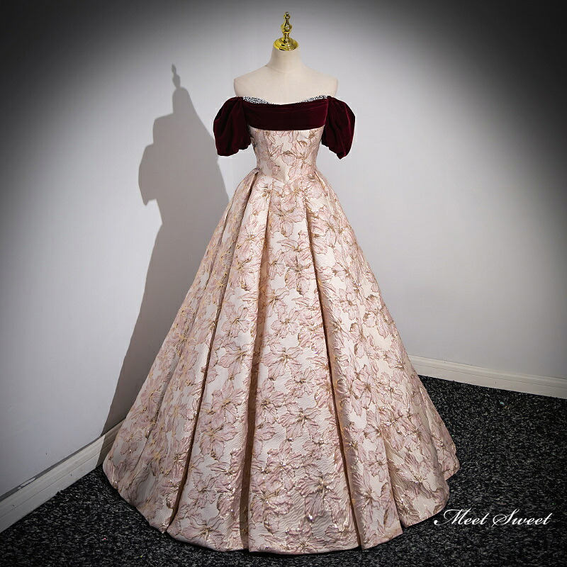 カラードレス ロングドレス パーティードレス レッド 花柄 オフショルダー ウェディングドレス ウエディングドレス 結婚式 二次会 花嫁 前撮り 演奏会 発表会 カクテルドレス 披露宴 ブライダル フォーマルドレス 成人式 卒業式 コンサート 舞台 演出 イブニングドレス
