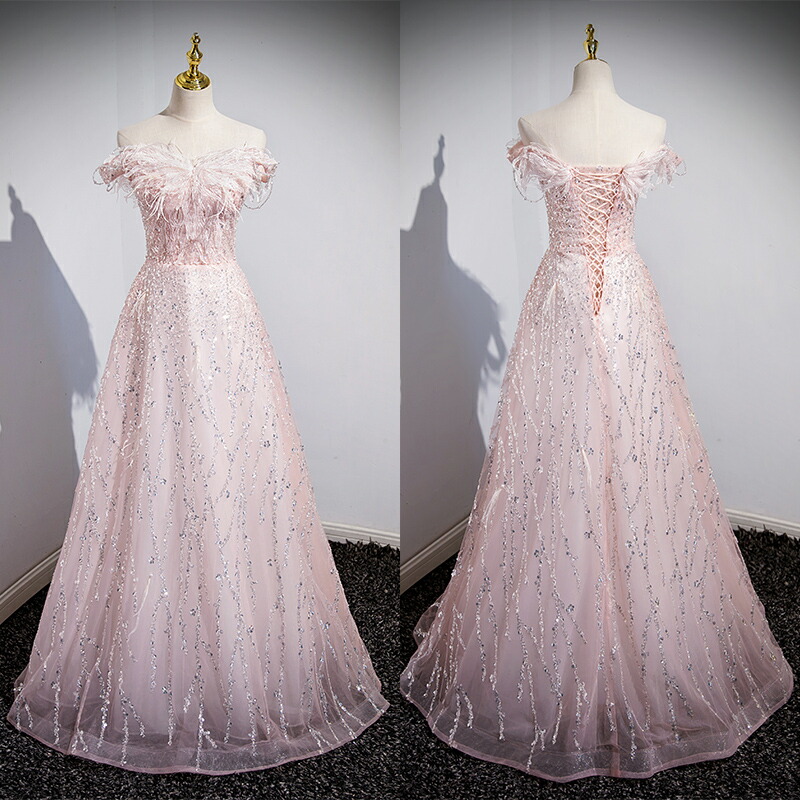 カラードレス ロングドレス パーティードレス ピンク オフショルダー ウェディングドレス ウエディングドレス 結婚式 二次会 花嫁 前撮り 演奏会 発表会 カクテルドレス 披露宴 ブライダル フォーマルドレス 成人式 卒業式 コンサート 舞台 演出 イブニングドレス