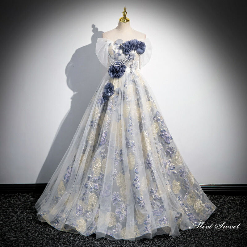 カラードレス 2Way ロングドレス パーティードレス イエロー 花柄 青 ウェディングドレス ウエディングドレス 結婚式 二次会 花嫁 前撮り 演奏会 発表会 オフショルダー 披露宴 ブライダル フォーマルドレス 成人式 卒業式 コンサート 舞台 演出 イブニングドレス｜ミートスウィート