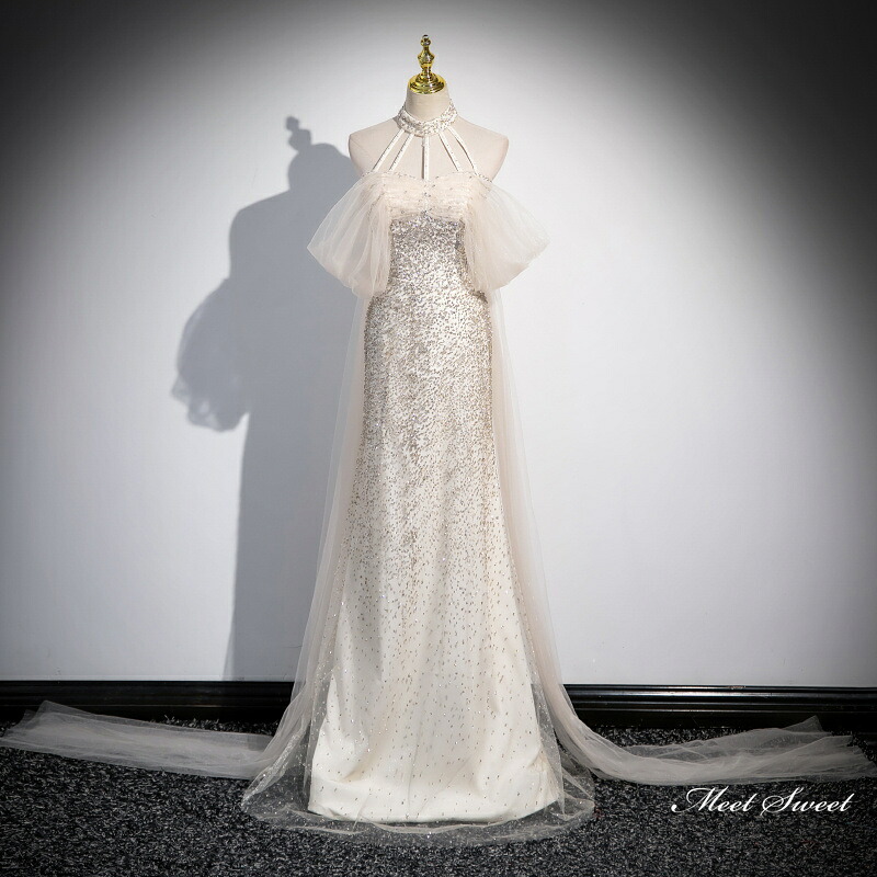 カラードレス ロングドレス パーティードレス シャンパン ホルターネック ウェディングドレス ウエディングドレス 結婚式 二次会 花嫁 前撮り 演奏会 発表会 スレンダードレス ゴールド 披露宴 ブライダル フォーマルドレス スパンコール 舞台 演出 イブニングドレス