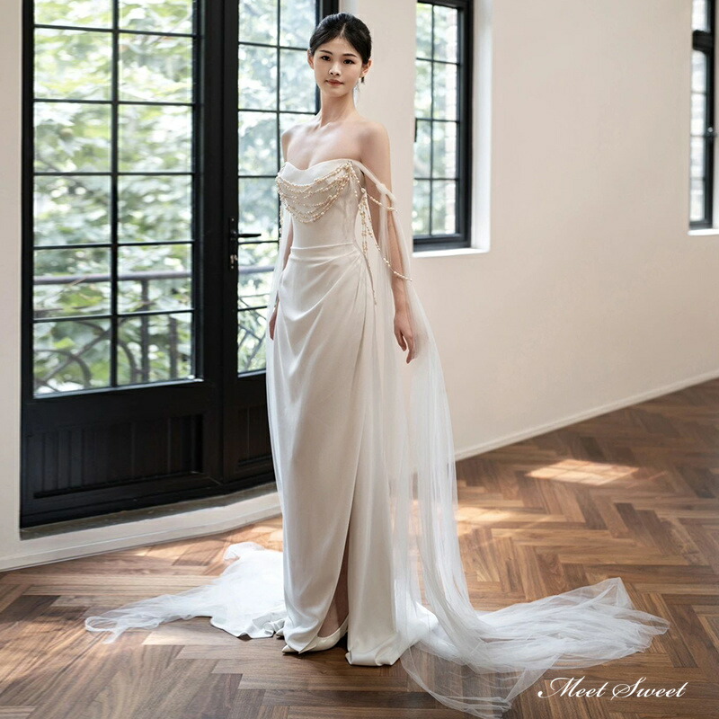 ウェディングドレス ウエディングドレス スレンダードレス オフショルダー パール ファスナー 二次会 結婚式 前撮り ブライダル 花嫁 ロングドレス 海外挙式 オフホワイト パーティードレス フォトウェディング 小さいサイズ 大きいサイズ wedding dress|ミートスウィート