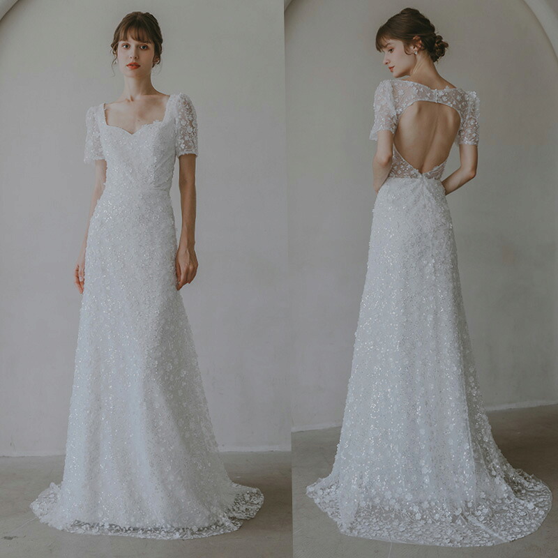 ウェディングドレス ロングドレス スレンダードレス 半袖 バックレス 背中開き フラワー 白 二次会 結婚式 前撮り ブライダル 花嫁 ウエディングドレス 海外挙式 オフホワイト パーティードレス フォトウェディング 小さいサイズ 大きいサイズ wedding dress|ミートスウィート