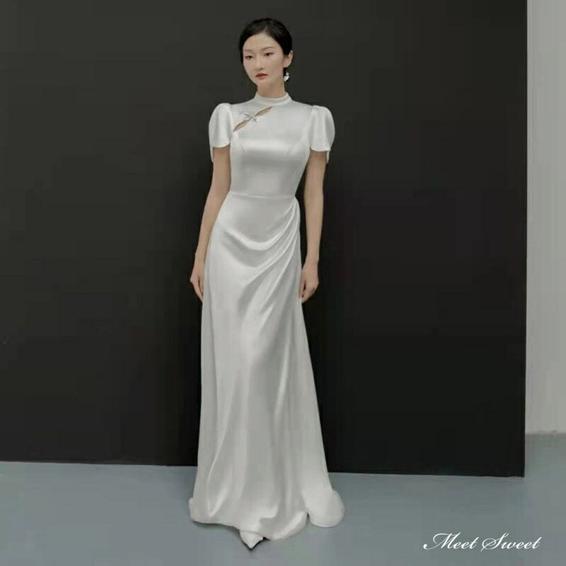 ウェディングドレス ロングドレス スレンダードレス チャイナ風ドレス 半袖 バックレス 白 二次会 結婚式 前撮り ブライダル 花嫁 ウエディングドレス 海外挙式 オフホワイト パーティードレス フォトウェディング 小さいサイズ 大きいサイズ wedding dress｜ミートスウィート