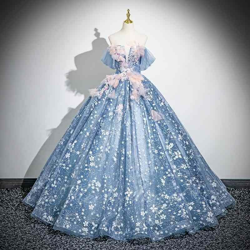カラードレス ブルー オフショルダー 花柄 姫系 演奏会 発表会 二次会 花嫁 ウエディングドレス コンクール 大人 ウェディングドレス プリンセスライン 編み上げ ロングドレス 前撮りドレス イブニングドレス イベント Aラインドレス プリンセスドレス 演奏会用ドレス