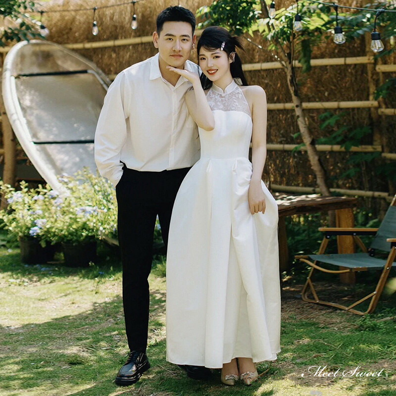 ウェディングドレス ロングドレス コクーンライン ホルターネック ノースリーブ 二次会 結婚式 前撮り ドレス 花嫁 ウエディングドレス サテン 大きいサイズ 小さいサイズ 海外挙式 白 オフホワイト パーティードレス ブライダル フォトウェディング wedding dress