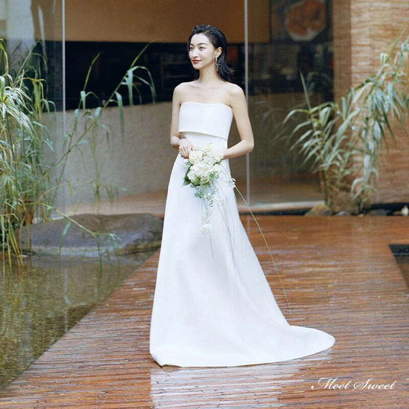 ウェディングドレス ロングドレス スレンダーライン ベアトップ シンプル 二次会 結婚式 前撮り ドレス 花嫁 ウエディングドレス サテン 大きいサイズ 小さいサイズ 海外挙式 白 オフホワイト パーティードレス ブライダル フォトウェディング wedding dress
