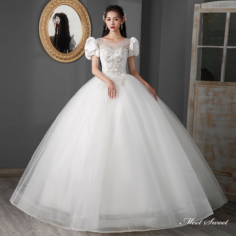 ウェディングドレス ロングドレス プリンセスラインドレス 半袖 パフスリーブ 二次会 結婚式 前撮り ドレス 花嫁 ウエディングドレス チュール 大きいサイズ 小さいサイズ 海外挙式 白 オフホワイト パーティードレス ブライダル フォトウェディング wedding dress｜ミートスウィート 7,455円