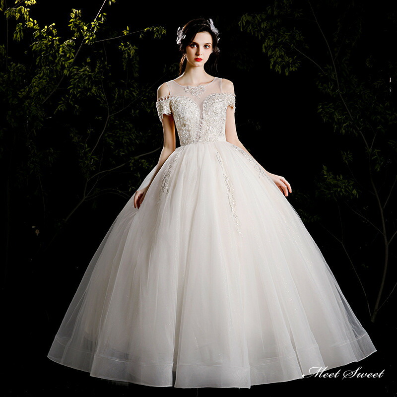 ウェディングドレス ロングドレス プリンセスラインドレス ハイネック ビーズ 長袖 二次会 結婚式 前撮り ドレス 花嫁 ウエディングドレス チュール 大きいサイズ 小さいサイズ 海外挙式 白 オフホワイト パーティードレス ブライダル フォトウェディング wedding dress