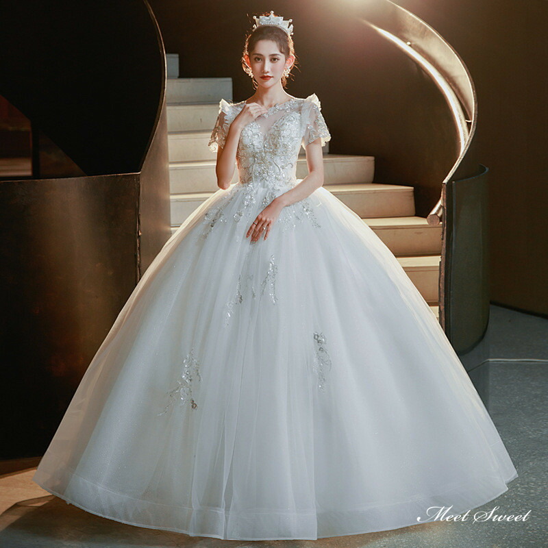 ウェディングドレス ロングドレス プリンセスラインドレス 半袖 パフスリーブ 二次会 結婚式 前撮り ドレス 花嫁 ウエディングドレス チュール 大きいサイズ 小さいサイズ 海外挙式 白 オフホワイト パーティードレス ブライダル フォトウェディング wedding dress 10,425円