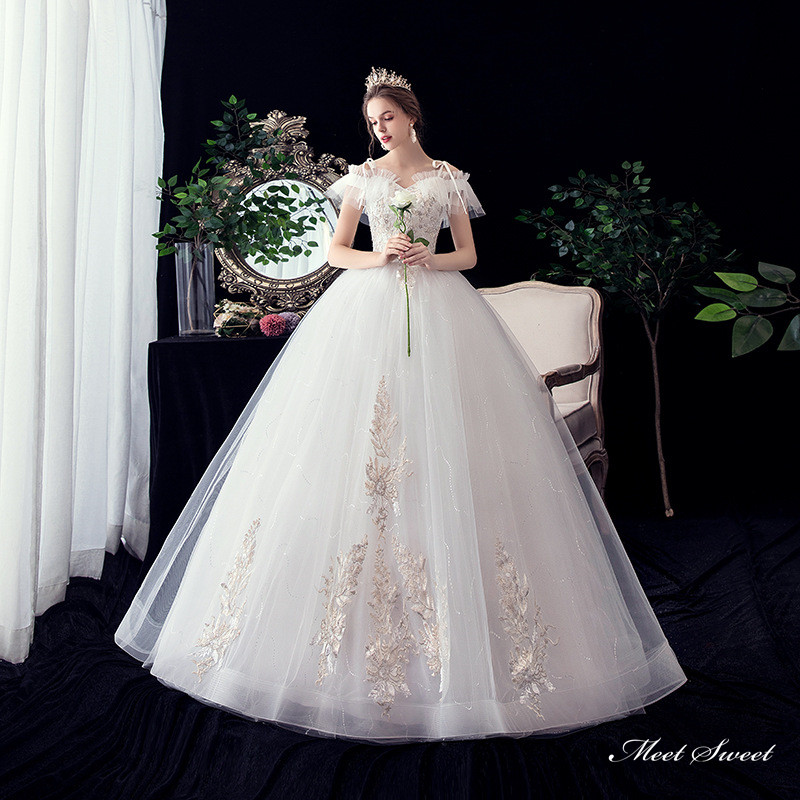 ウェディングドレス ロングドレス プリンセスラインドレス オフショルダー 二次会 結婚式 前撮り ドレス 花嫁 ウエディングドレス チュール 大きいサイズ 小さいサイズ 海外挙式 白 オフホワイト パーティードレス ブライダル フォトウェディング wedding dress｜ミートスウィート