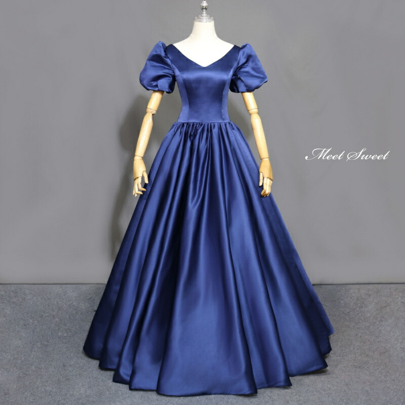 カラードレス Aラインドレス ロングドレス ネイビー ブルー パフスリーブ サテン ウェディングドレス 結婚式 二次会 花嫁 前撮り 演奏会 発表会 ステージ衣装 ウエディングドレス パーティードレス ブライダル 大人 舞台 演出 イブニングドレス コンサート コンクール