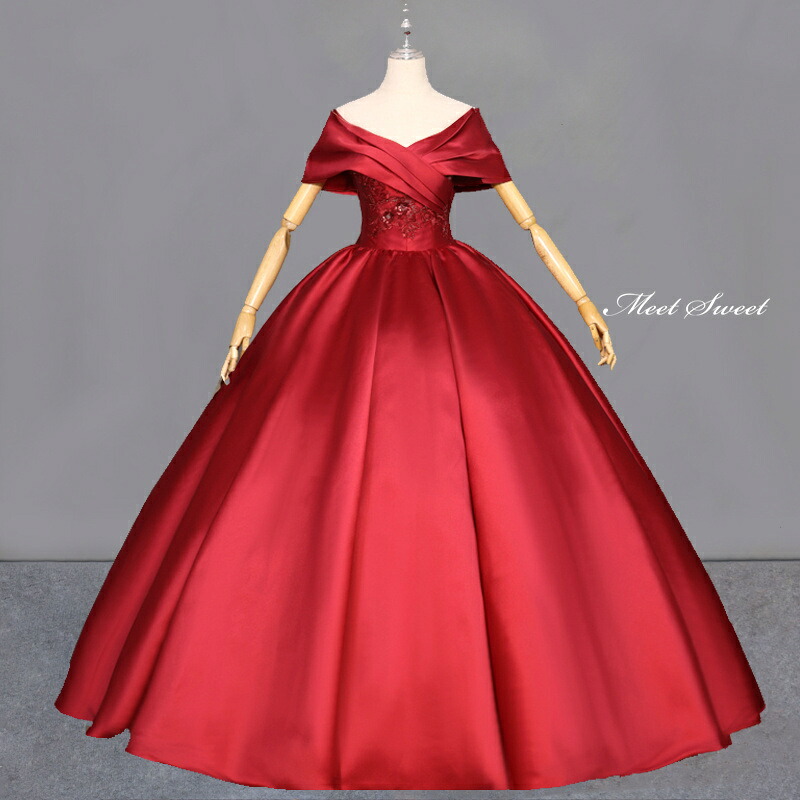 カラードレス プリンセスライン ロングドレス レッド 赤 サテン オフショルダー ウェディングドレス 結婚式 二次会 花嫁 前撮り 演奏会 発表会 ステージ衣装 ウエディングドレス パーティードレス ブライダル 大人 舞台 演出 イブニングドレス コンサート コンクール
