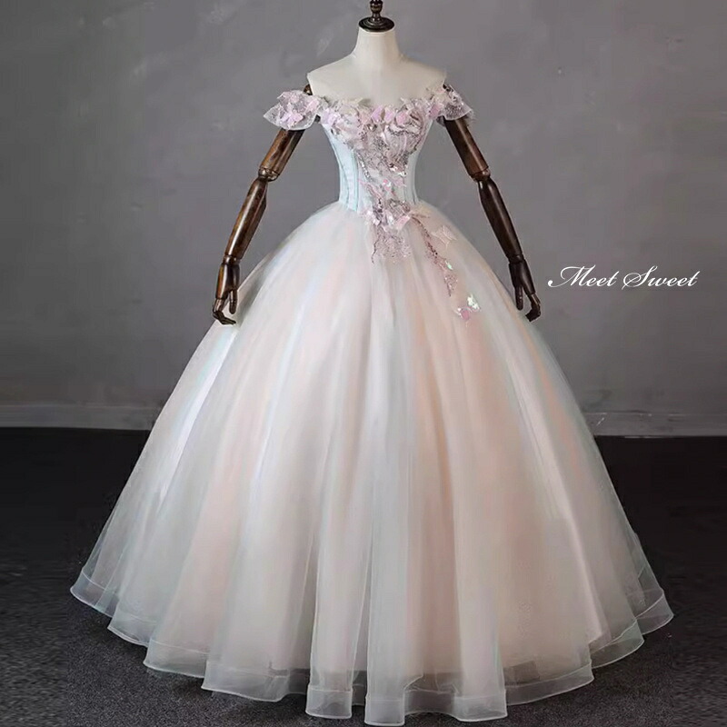 カラードレス プリンセスライン グリーン シャンパン オフショルダー ロングドレス ウェディングドレス 結婚式 二次会 花嫁 前撮り 演奏会 発表会 ステージ衣装 ウエディングドレス パーティードレス ブライダル 大人 舞台 演出 イブニングドレス コンサート コンクール