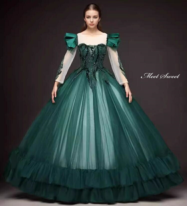 カラードレス プリンセスライン グリーン 緑 長袖 フリル プロム ロングドレス ウェディングドレス 結婚式 二次会 花嫁 前撮り 演奏会 発表会 ステージ衣装 ウエディングドレス パーティードレス ブライダル 大人 舞台 演出 イブニングドレス コンサート コンクール