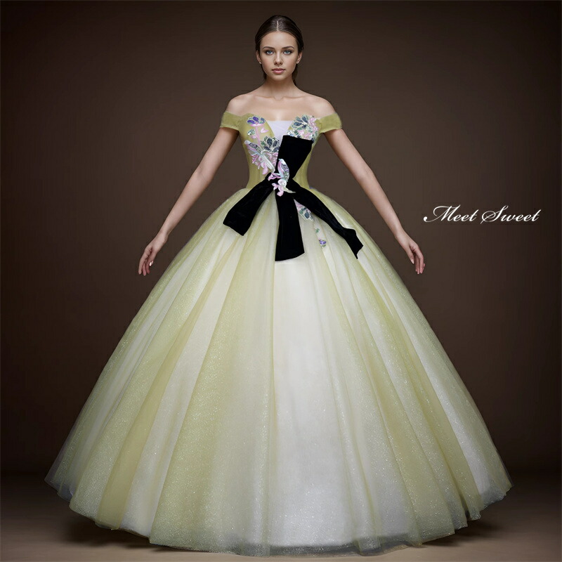 カラードレス プリンセスライン ライトグリーン オフショルダー ロングドレス ウェディングドレス 結婚式 二次会 花嫁 前撮り 演奏会 発表会 ステージ衣装 ウエディングドレス パーティードレス ブライダル 大人 舞台 演出 イブニングドレス コンサート コンクール
