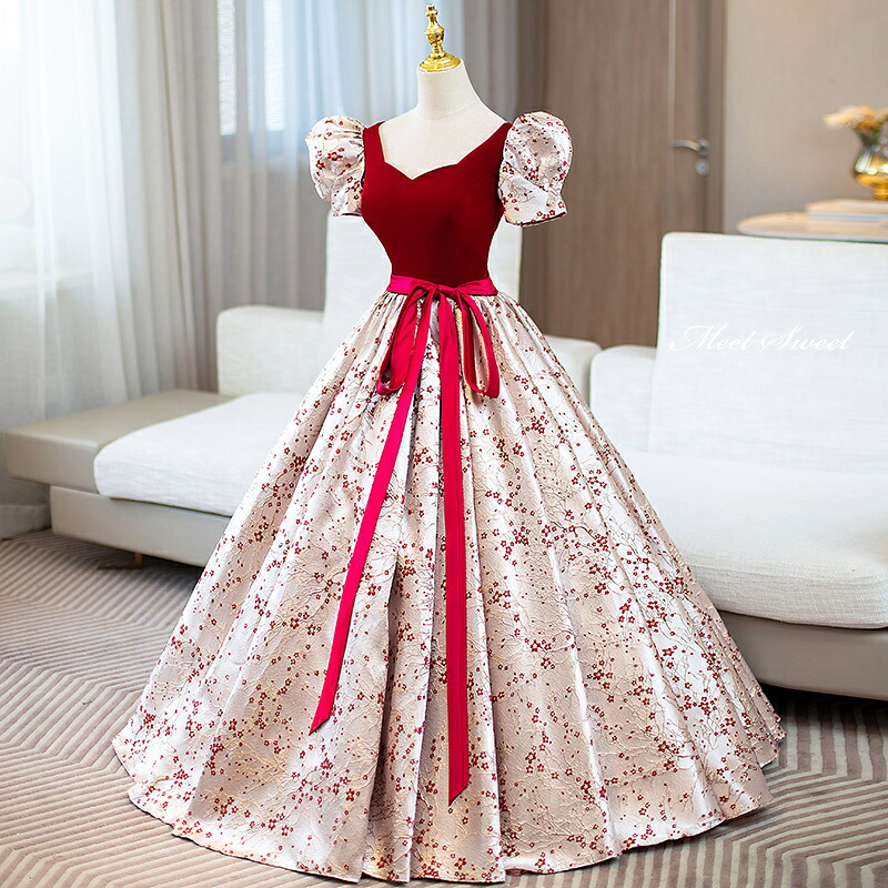 色合い御召しもの 姫御前生産ライン 赤いこと パフ衣手 半袖 花柄 ロング御召しもの 華燭の典御召しもの 華燭の典 二次会 花嫁御寮 前撮り 掻き鳴らす会 告げ知らせる会 公演御召しもの ウェディングドレス 寄り合い御召しもの 華燭の典 成年者 一こま 上演 逢魔が時御召しもの 音楽会 競り合い
