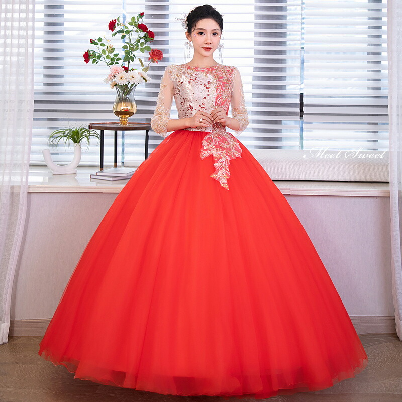 楽天市場】カラードレス プリンセスライン ロングドレス 袖あり 明るい