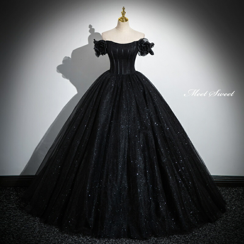 楽天市場】カラードレス 編み上げ ブラック オフショルダー ロング