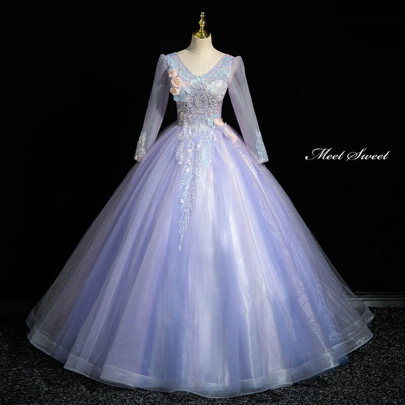 カラードレス プリンセスライン ロングドレス パープル 紫 長袖 Vネック 花 ウェディングドレス 結婚式 二次会 花嫁 前撮り 演奏会 発表会 ステージ衣装 ウエディングドレス パーティードレス ブライダル 大人 舞台 演出 イブニングドレス コンサート コンクール