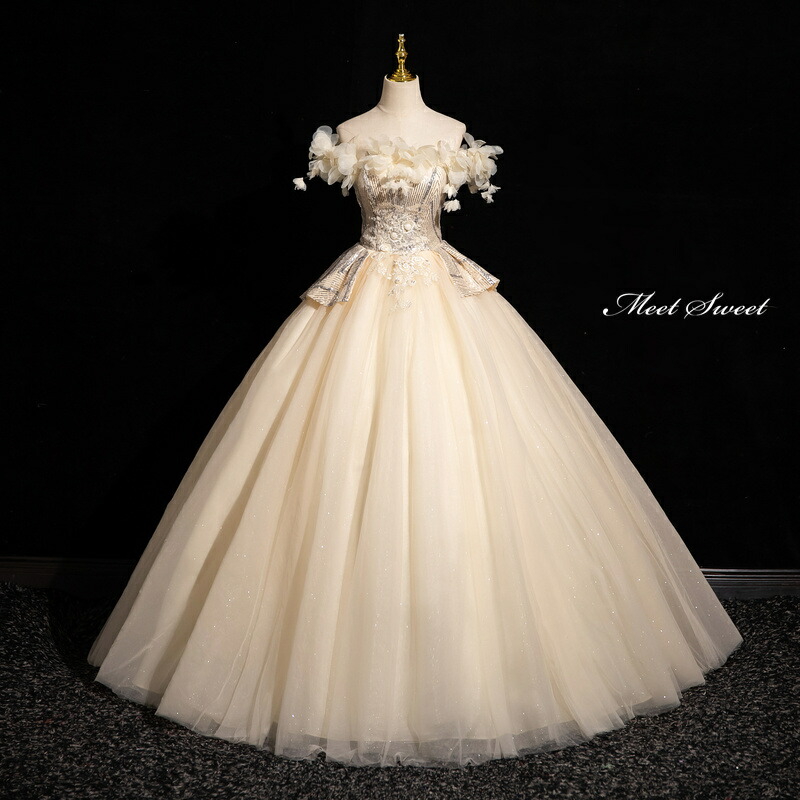 カラードレス プリンセスライン ロングドレス シャンパン オフショルダー 花柄 ウェディングドレス 結婚式 二次会 花嫁 前撮り 演奏会 発表会 ステージ衣装 ウエディングドレス パーティードレス ブライダル 大人 舞台 演出 イブニングドレス コンサート コンクール