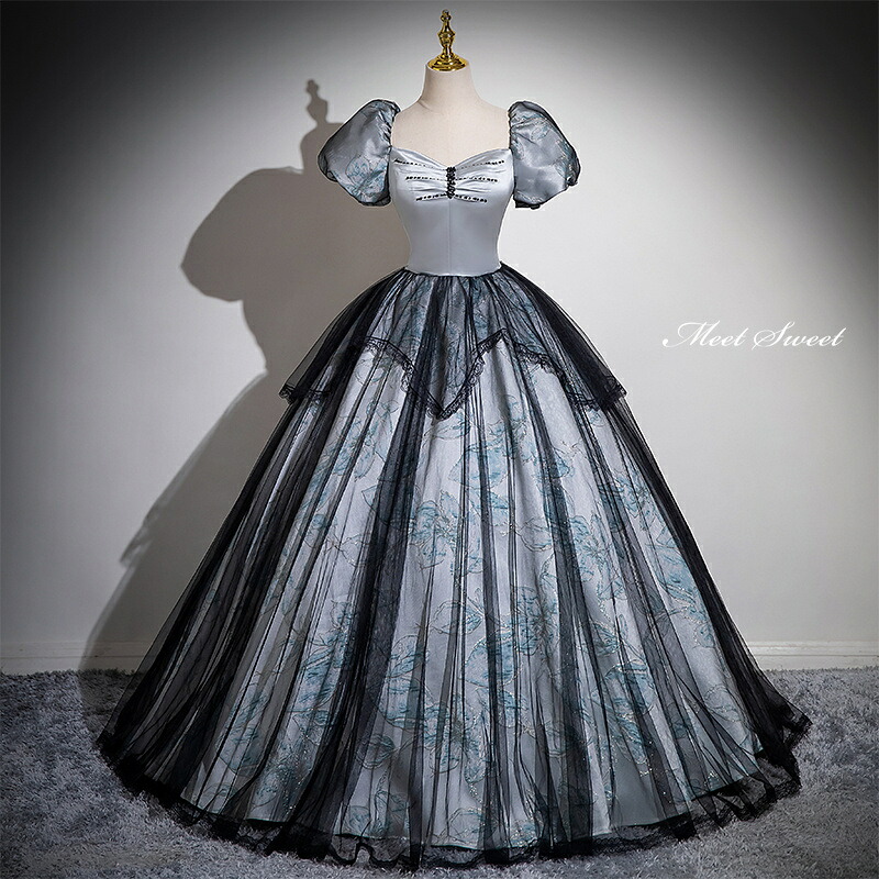 カラードレス プリンセスライン ブラック グレー 花柄 パフスリーブ ロングドレス ウェディングドレス 結婚式 二次会 花嫁 前撮り 演奏会 発表会 ステージ衣装 ウエディングドレス パーティードレス ブライダル 大人 舞台 演出 イブニングドレス コンサート コンクール