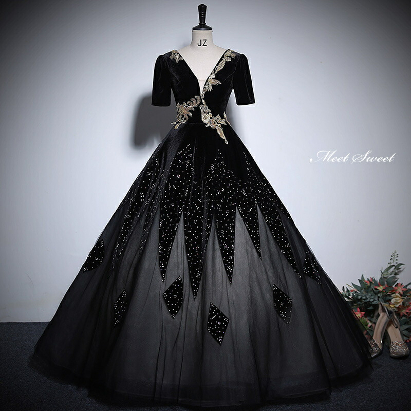 楽天市場】カラードレス ブラック ベルベット 編み上げ 黒 ロング