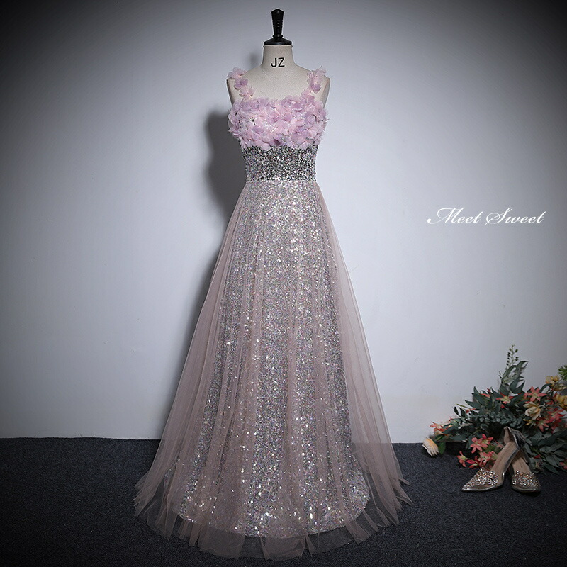 カラードレス Aラインドレス ロングドレス シルバー スパンコール ピンク 袖なし ウェディングドレス 結婚式 二次会 花嫁 前撮り 演奏会 発表会 ステージ衣装 ウエディングドレス パーティードレス ブライダル 大人 舞台 演出 イブニングドレス コンサート コンクール