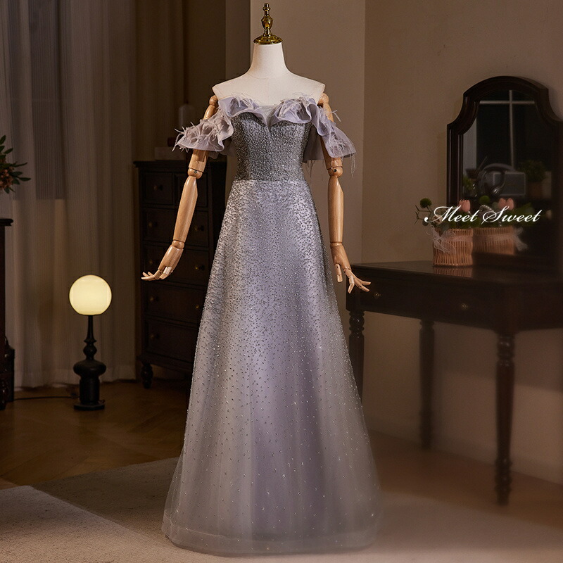 カラードレス Aラインドレス シルバー オフショルダー グレー ロングドレス ウェディングドレス 結婚式 二次会 花嫁 前撮り 演奏会 発表会 ステージ衣装 ウエディングドレス パーティードレス ブライダル 大人 舞台 演出 イブニングドレス コンサート コンクール