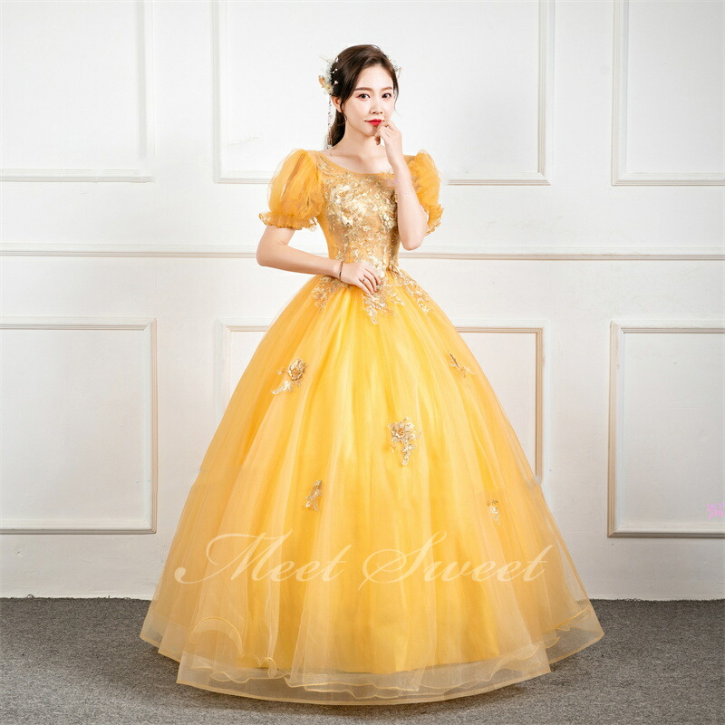 カラードレス プリンセスライン イエロー 刺繍 配色 スリット袖 ロングドレス ウェディングドレス 結婚式 二次会 花嫁 前撮り 演奏会 発表会 ステージ衣装 カラードレス プリンセスライン グリーン 緑 長袖 V