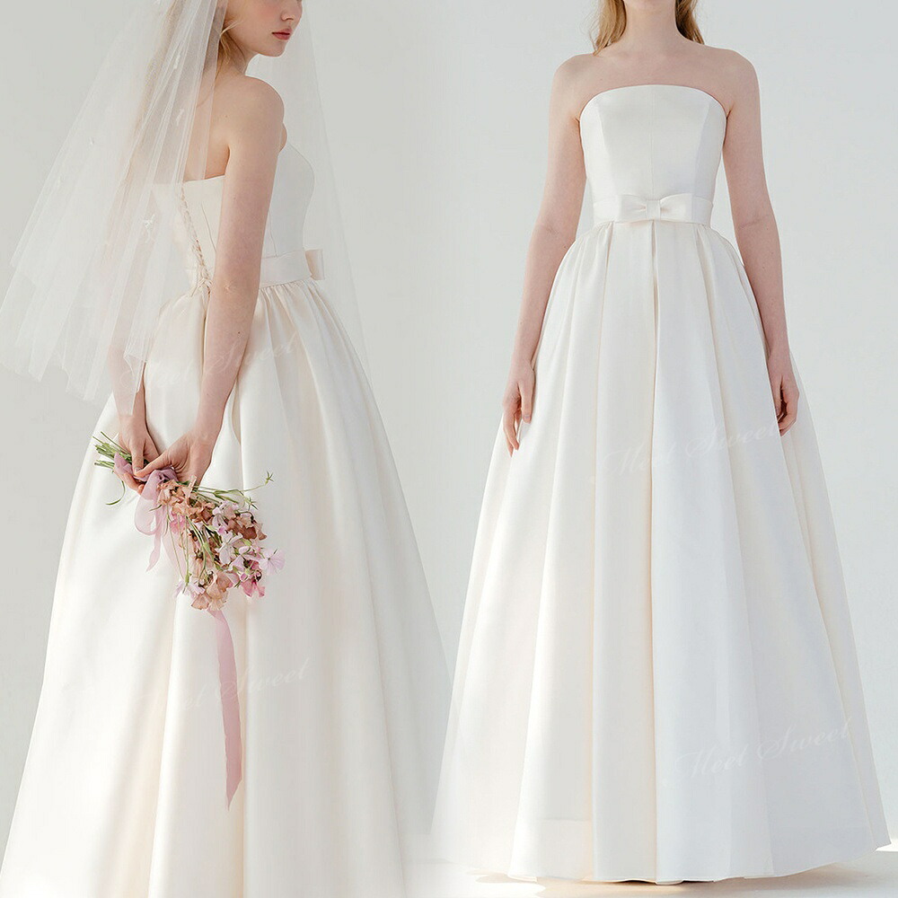 ウェディングドレス サテン ビスチェ ベアトップ ノースリーブ 可愛い Aライン ロング ドレス 二次会 結婚式 披露宴 前撮り 後撮り 発表会 花嫁 ウエディングドレス 花嫁ドレス 二次会ドレス 大きいサイズ 小さいサイズ 海外挙式 ブライダル フォトウェディング｜ミートスウィート