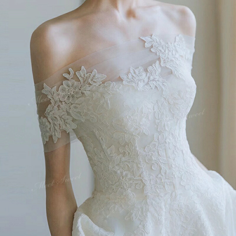 ウェディングドレス オフショルダー レース スレンダーライン サテン オフホワイト ロング ドレス 二次会 結婚式 披露宴 前撮り 後撮り 発表会 花嫁 ウエディングドレス 花嫁ドレス 二次会ドレス 大きいサイズ 刺繍 エレガント 挙式 ブライダル フォトウェディング|ミートスウィート
