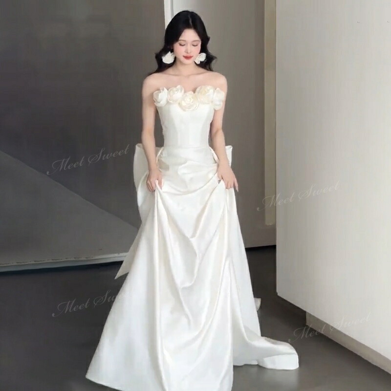 ウェディングドレス サテン 立体花装飾 ベアトップ リボン大きめ 可愛い Aライン ロング ドレス 二次会 結婚式 披露宴 前撮り 後撮り 発表会 花嫁 ウエディングドレス 花嫁ドレス 二次会ドレス 大きいサイズ 小さいサイズ 海外挙式 ブライダル フォトウェディング 7,777円