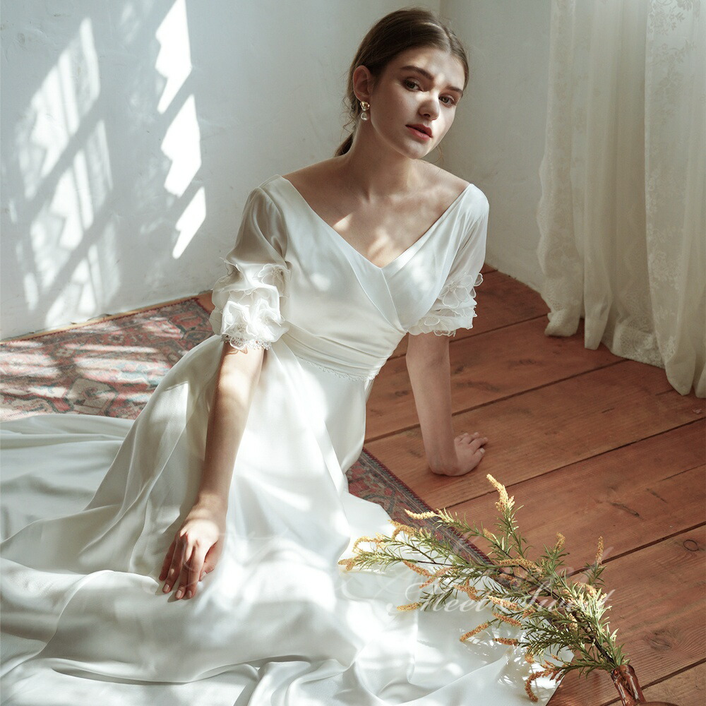 ウェディングドレス Vネック パフスリーブ バックレス スレンダーラインドレス オーダーメイド可 披露宴 花嫁 結婚式 二次会 前撮り ドレス ブライダル ウエディングドレス オフホワイト ロングドレス ウェディング ウエディング 二次会ドレス ガーデンウェディング|ミートスウィート