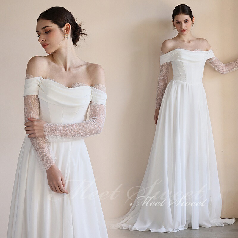 ウェディングドレス シフォン レース 袖付き オフショルダー 長袖 ファスナー 花嫁 結婚式 二次会 前撮り ドレス ブライダル ウエディングドレス オフホワイト ロングドレス ウェディング ウエディング 二次会ドレス 花嫁ドレス 結婚式ドレス 上品 エレガント｜ミートスウィート