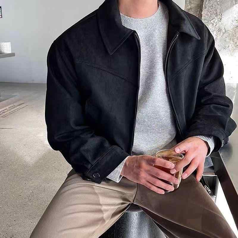 ジャケット メンズ 男性用 ブルゾン ジャンパー 鹿皮 ディアスキン ルック タイト ショート丈 アメカジ ストリート ワーク レトロ 韓国風 カジュアル 春秋2